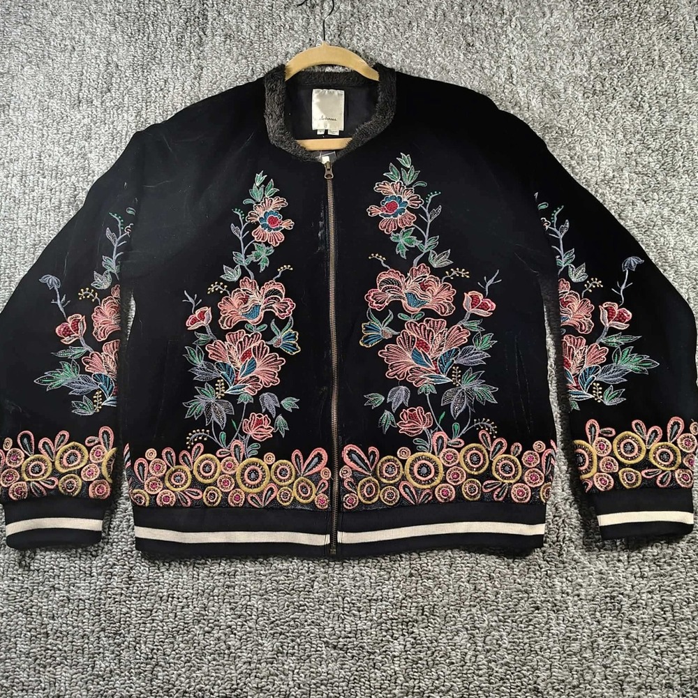 Elevenses Bomber Jacket Black Floral Embroidered Velvet Boho Women XL NWT
